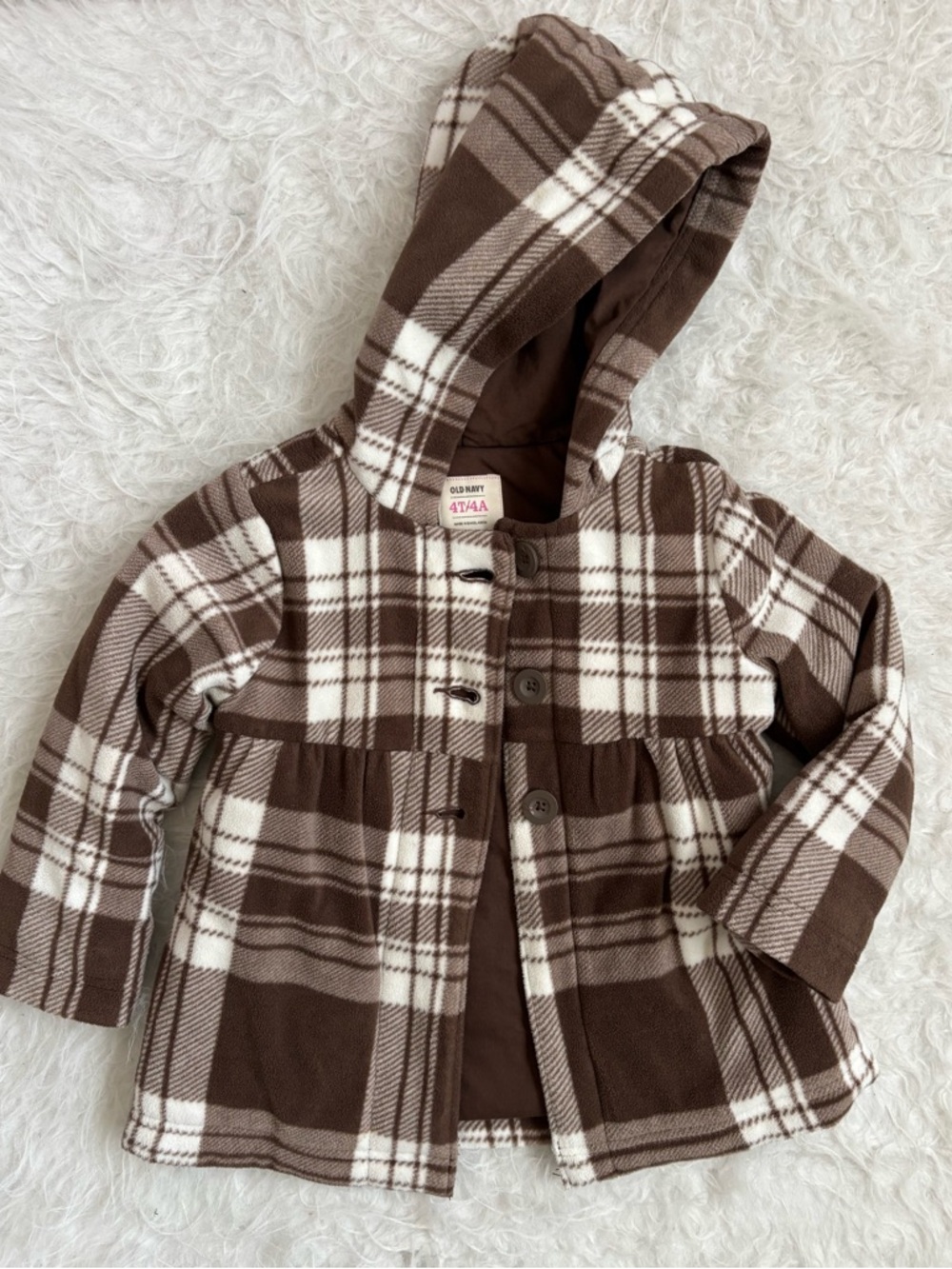 Old Navy Y2K Girls Thick Cozy Brown Plaid Hooded Pea Coat